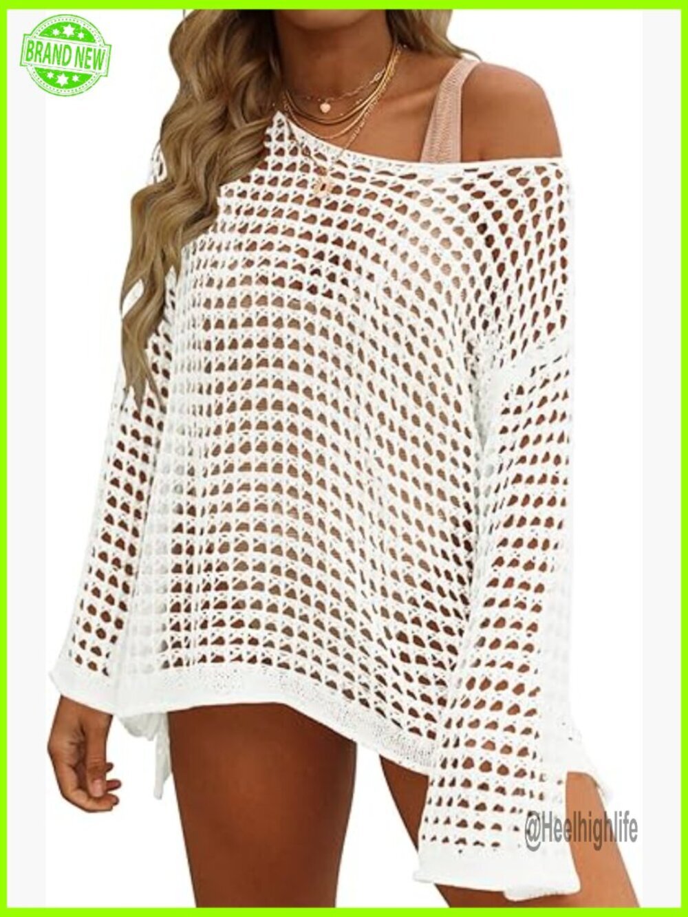 Long Sleeve Crochet Mesh Cover Up Tunic Top Hollow Out Beach Swimsuit